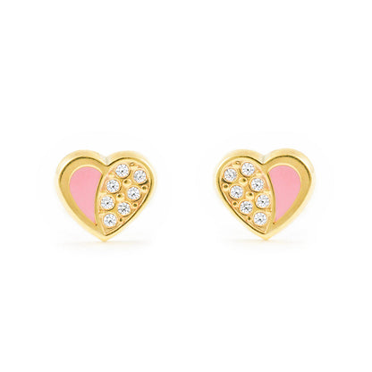 PENDIENTES CORAZONES Oro 18K &nbsp;Circonitas Y Esmalte Rosa