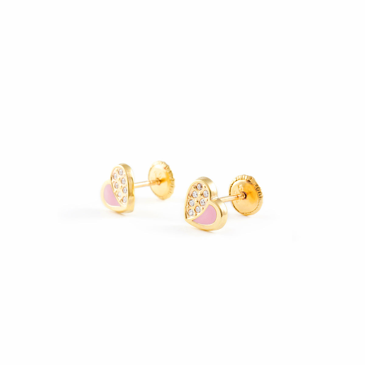 PENDIENTES CORAZONES Oro 18K &nbsp;Circonitas Y Esmalte Rosa