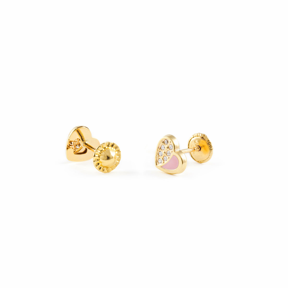 PENDIENTES CORAZONES Oro 18K &nbsp;Circonitas Y Esmalte Rosa