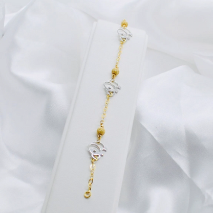 PULSERA de ORO Amarillo y Blanco de 18 Kilates, Pulsera con 3 Bolas de Oro y ELEFANTES, Pulseras 18 kilates, Elefantes en Oro Blanco, 5.4 gr