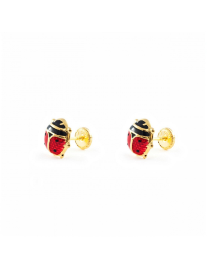 PENDIENTES De Niña ORO 18 kilates, Pendientes de ORO Amarillo Mariquita, Oro Amarillo 18k, Pendientes Ladybug, Pendiente 18kl Esmalte Rojo