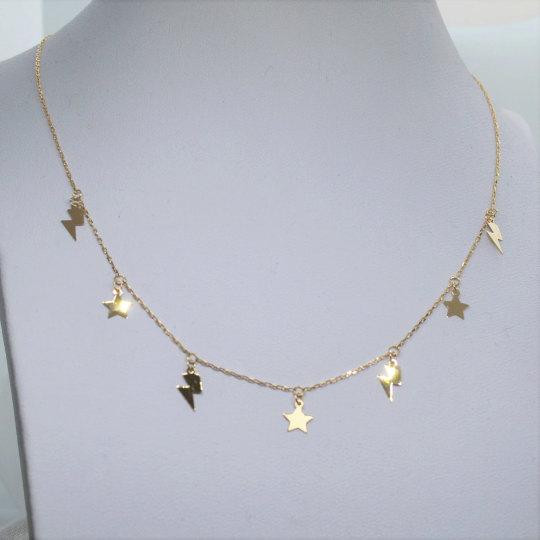 COLLAR De Oro Mujer 18k ESTRELLAS y RAYOS, Gargantillas de Oro, 1.429 gramos, 4 Rayos y 3 Estrellas colgantes, 45 cm de largo