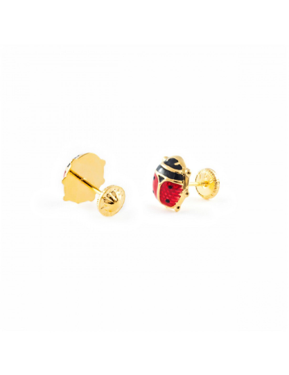 PENDIENTES De Niña ORO 18 kilates, Pendientes de ORO Amarillo Mariquita, Oro Amarillo 18k, Pendientes Ladybug, Pendiente 18kl Esmalte Rojo