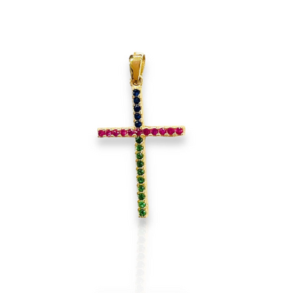 Cruz de Esmeralda, Rubí y Zafiro en Oro Amarillo de 18 kilates, Cruz de Oro Amarillo con piedras de colores