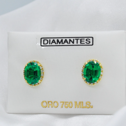 PENDIENTES de DIAMANTES y ESMERALDAS en Oro Amarillo de 18 kilates, Brillantes y 2 Esmeraldas, Pendiente 3.3 gramos