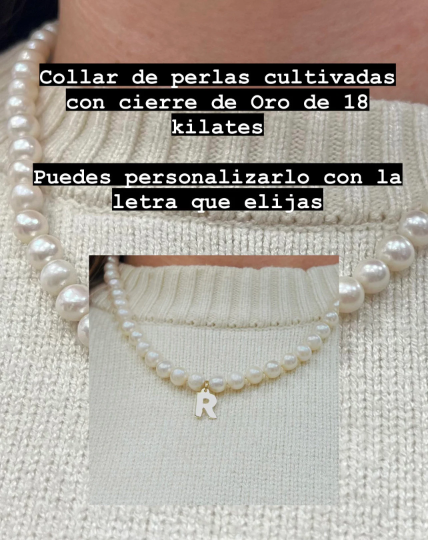 Collar de perlas redondas cultivadas japonesas naturales con cierre de Oro de 18k y letra que desee colgando