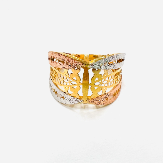 ANILLO de Oro Amarillo, Blanco y Rosa de 18 kilates, Ancho 14 mm frontal y 3.2 mm posterior, Precioso anillo 8 mariposas y 2 flores