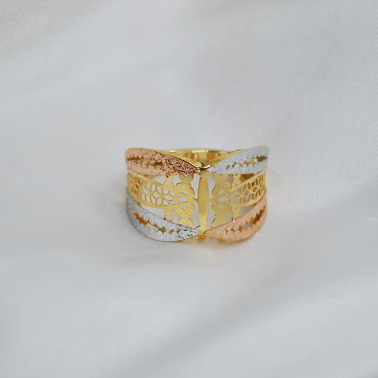 ANILLO de Oro Amarillo, Blanco y Rosa de 18 kilates, Ancho 14 mm frontal y 3.2 mm posterior, Precioso anillo 8 mariposas y 2 flores