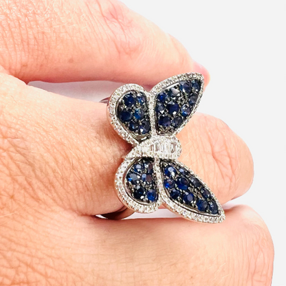 ANILLO MARIPOSA  de Zafiros y Brillantes en Oro Blanco de 18 Kilates, Anillo Original, Anillo Mariposa ajustable a la medida