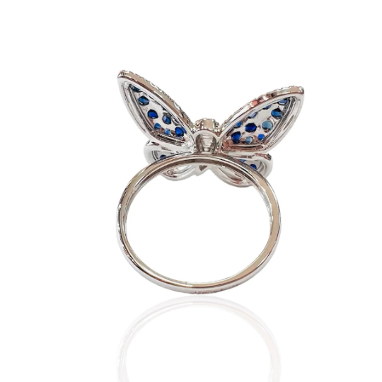 ANILLO MARIPOSA  de Zafiros y Brillantes en Oro Blanco de 18 Kilates, Anillo Original, Anillo Mariposa ajustable a la medida