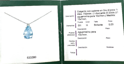 Colgante Aguamarina y Brillante con cadena en Oro Blanco 18 kilates