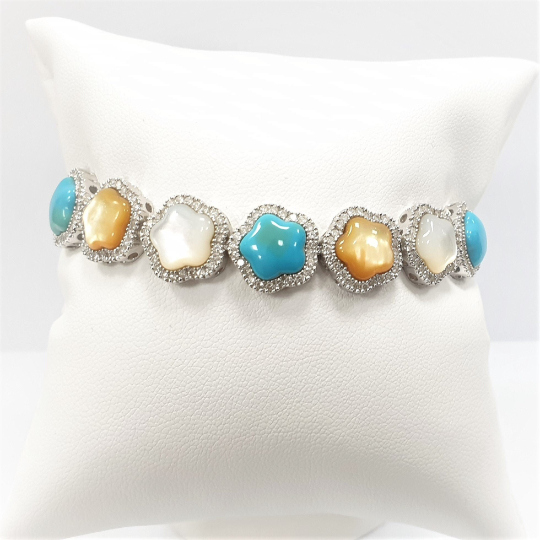 PULSERA de TURQUESA, Diamantes, Madre Perla y Oro de 18k, Pulsera de Diamantes, Turquesas y Madre Perla Nácar, Pulsera de ORO 18k y Piedras