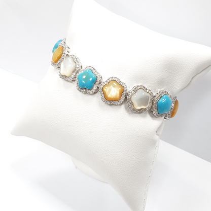 PULSERA de TURQUESA, Diamantes, Madre Perla y Oro de 18k, Pulsera de Diamantes, Turquesas y Madre Perla Nácar, Pulsera de ORO 18k y Piedras