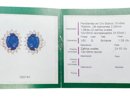 PENDIENTES de Zafiros Ovales y Brillantes en Oro Blanco de 18 kilates, 36 Brillantes y 2 Zafiros en total