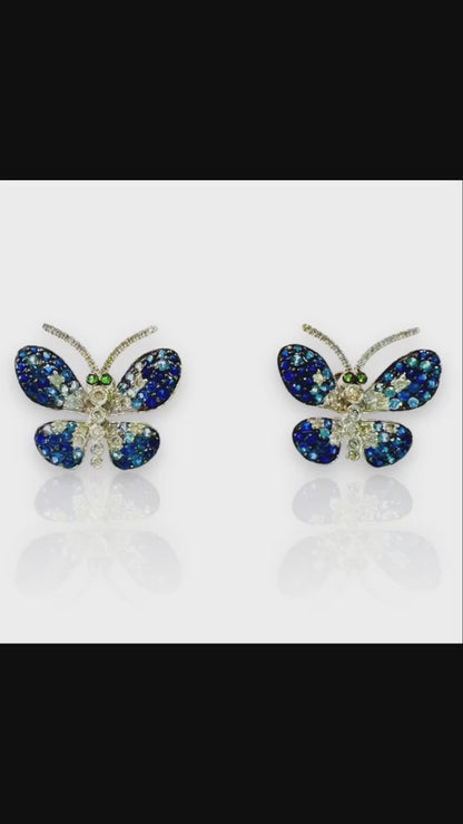 Pendientes en forma de Mariposa Brillantes, Olivinas y Zafiros en Oro Blanco de 18 kilates