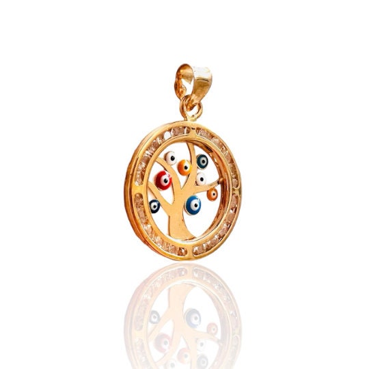 COLGANTE ÁRBOL de la Vida y Ojos Turcos con una Circunferencia de Circonitas y ORO Amarillo  de 18 Kilates, Colgante para Cadena