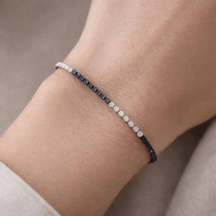 PULSERA Riviere con Brillantes, Zafiro y oro Blanco de 18 kilates, Pulsera preciosa de Brillantes