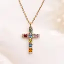 CADENA y COLGANTE Cruz con Brillantes y Zafiros de colores, Oro Amarillo de 18 kilates