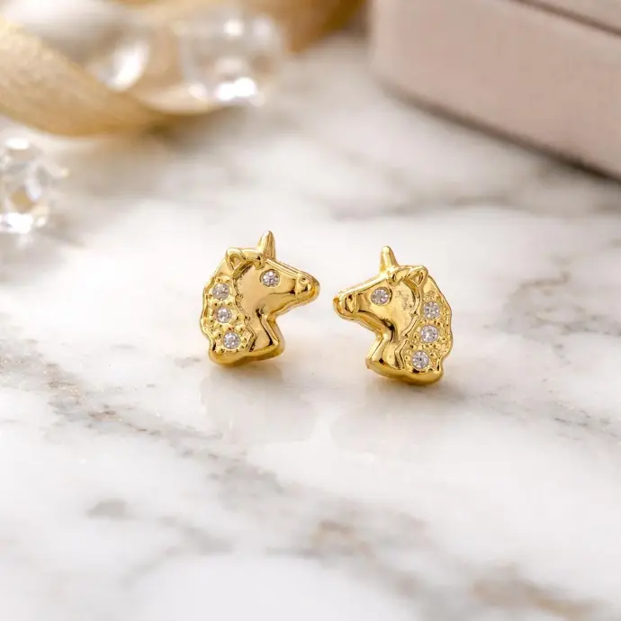 PENDIENTES Unicornio Oro 18K Circonitas, cierre de rosca