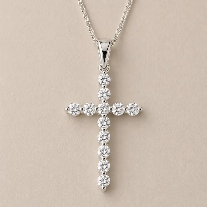 COLGANTE en forma de CRUZ de ORO Blanco de 18 kilates y Brillantes, Colgante religioso con 12 brillantes de 0.359 kilates en total