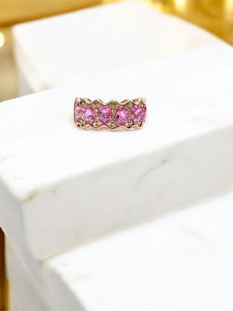 ANILLO de Zafiros Rosados en forma de gota y BRILLANTES en Oro Rosa 18 k