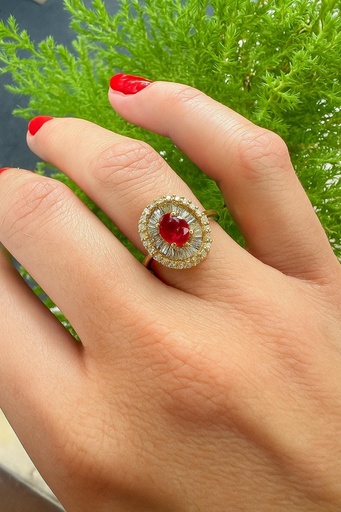 ANILLO RUBÍ 1.80 Kilates Sangre Pichon y DIAMANTES en Oro Amarillo 18k,  Anillo Rubíes y Diamantes Baguettes 0.98K, Anillo Rubi Oscuro