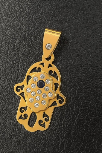 [C0 131] COLGANTE mano de Fátima de oro amarillo de 18 kilates, circonitas y zafiro central