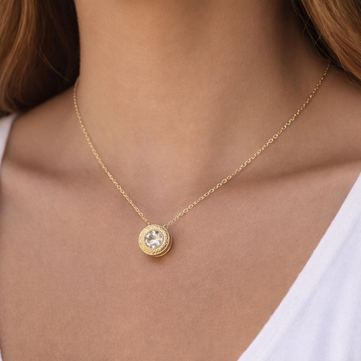 [P 1123] CADENA y COLGANTE Circular Greca con circonita, Oro Amarillo de 18 kilates