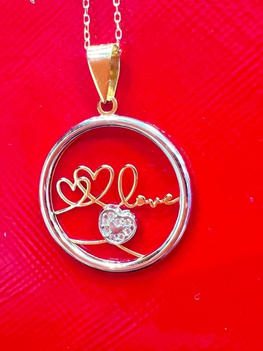 [P 1102] CADENA y COLGANTE Love con circonitas, Oro Amarillo y blanco de 18 kilates