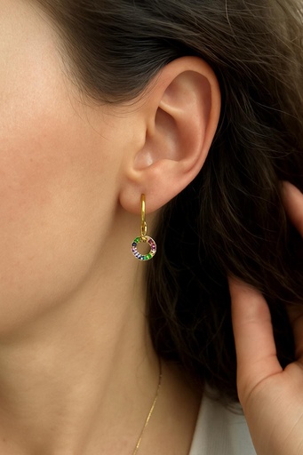 [P 80] PENDIENTES Argollas ORO Amarillo 18K con círculo de rubís de colores