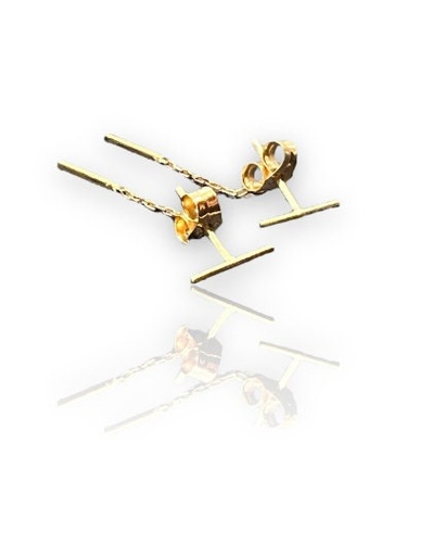 Pendientes de BARRA de Oro Amarillo de 18 kilates, Pendiente minimalista, cierre de presión con cadena, Pendientes finos y discretos 