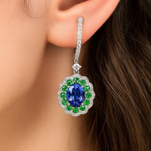 [P 53] PENDIENTES con un Zafiro central rodeado de  Esmeraldas y Brillantes, Preciosos pendientes de Oro blanco de 18 kilates con cierre catalán