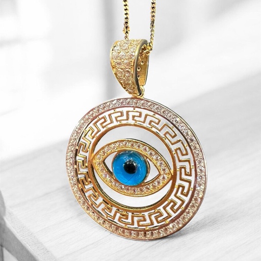 [Co 117] COLGANTE OJO TURCO Oro Amarillo 18 Kilates y Circonitas, Ojo protector, Protección Oro 18 k, labrado greco