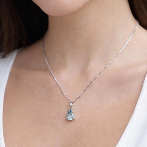 Colgante Aguamarina y Brillante con cadena en Oro Blanco 18 kilates