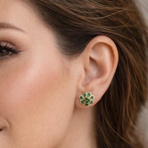 Pendientes FLOR ORO Amarillo de 18 Kilates con Brillantes y Esmeraldas 