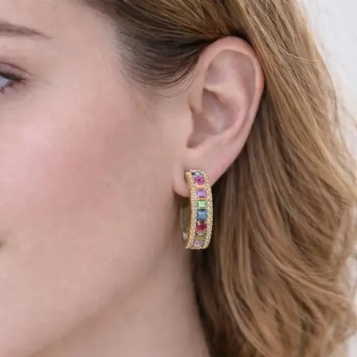 [P 80] PENDIENTES Argollas ORO Amarillo 18K con brillantes y zafiros de colores