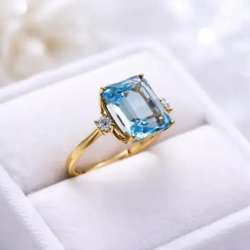[An 207] ANILLO de Oro Amarillo de 18 kilates, Topacio Azul y Brillantes