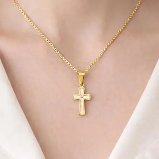 [Co 117] COLGANTE CRUZ Nácar, Oro Amarillo 18 kilates y un brillante