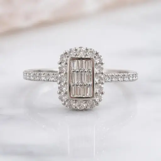 [An 219] ANILLO Rectangular con DIAMANTES en Oro Blanco 18 MUJER
