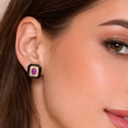 [P1053] Pendientes Rubíes, Ágatas y  Brillantes en Oro Amarillo  18k