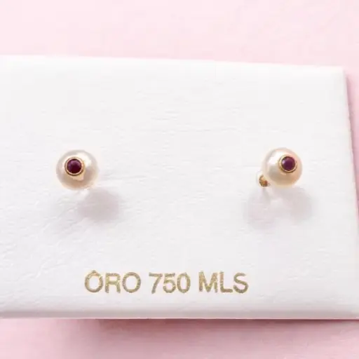 [N 26] PENDIENTES De PERLAS Cultivas  de río Blancas con Rubí, palo y cierre de Oro Amarillo 18K, Pendiente de Oro con cierre de rosca