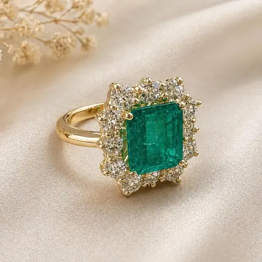 [P 1087] ANILLO ORO Amarillo de 18 Kilates Esmeralda Colombiana y Brillantes