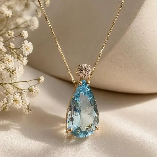 [Co123] Colgante Aguamarina y Brillante en Oro Amarillo 18 kilates