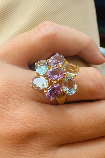 [P1019] Precioso ANILLO en forma de Flor de Aguamarina y Amatista en Oro amarillo de 18 k