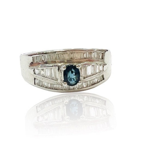 [An 93] Anillo de brillantes y Zafiro de Oro Blanco de 18 k